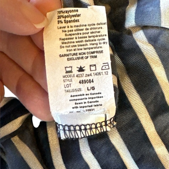 Laura Petite stretch indigo striped top, shoulder cut outs, bound neck line - Picture 7 of 7